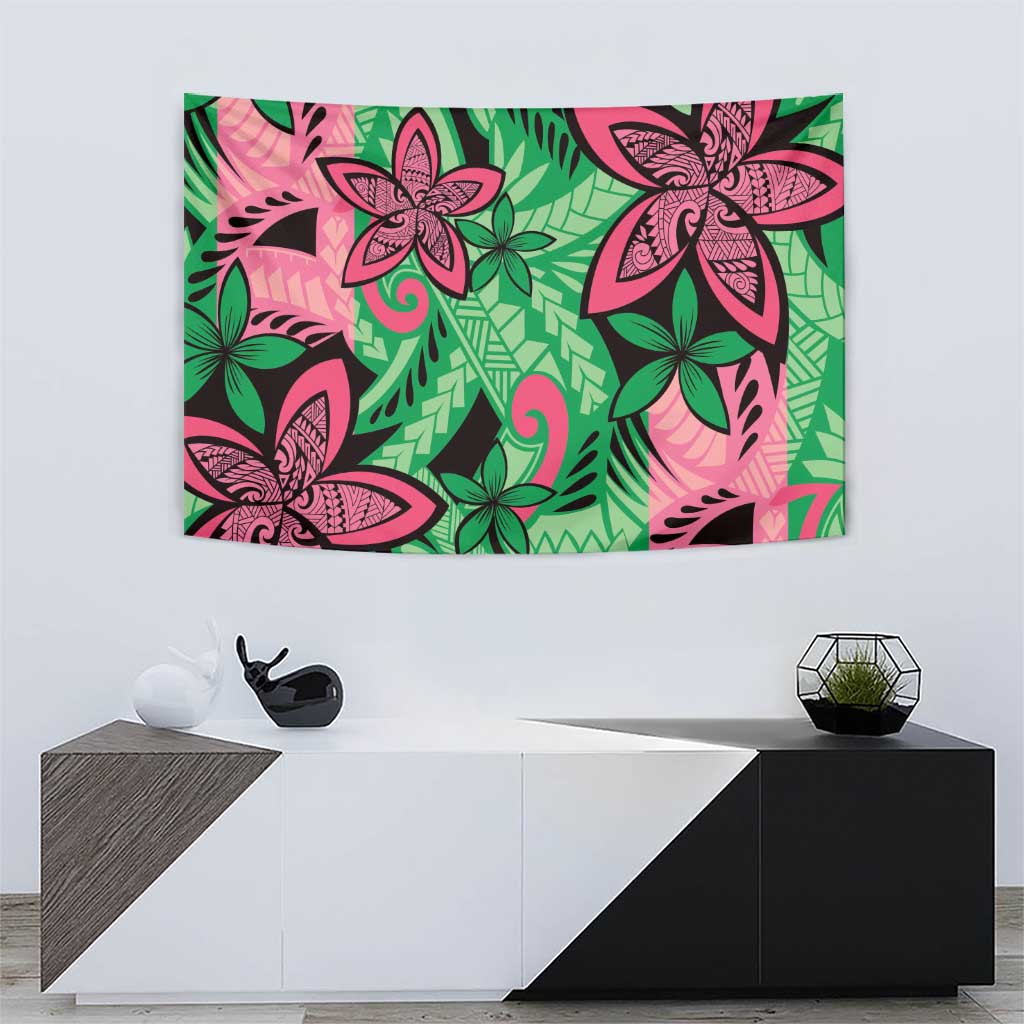 Plumeria Polynesian Pattern Tapestry Unique Fantasy Green Pink