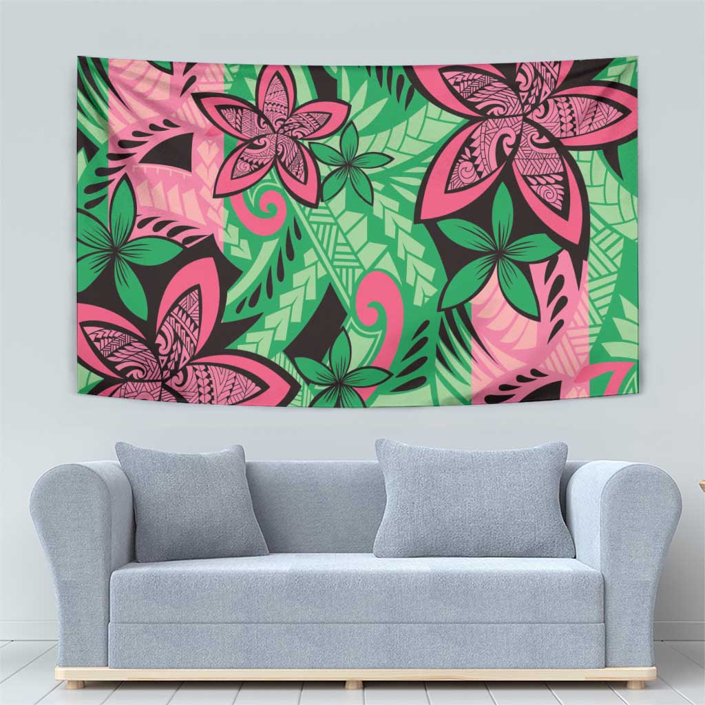 Plumeria Polynesian Pattern Tapestry Unique Fantasy Green Pink