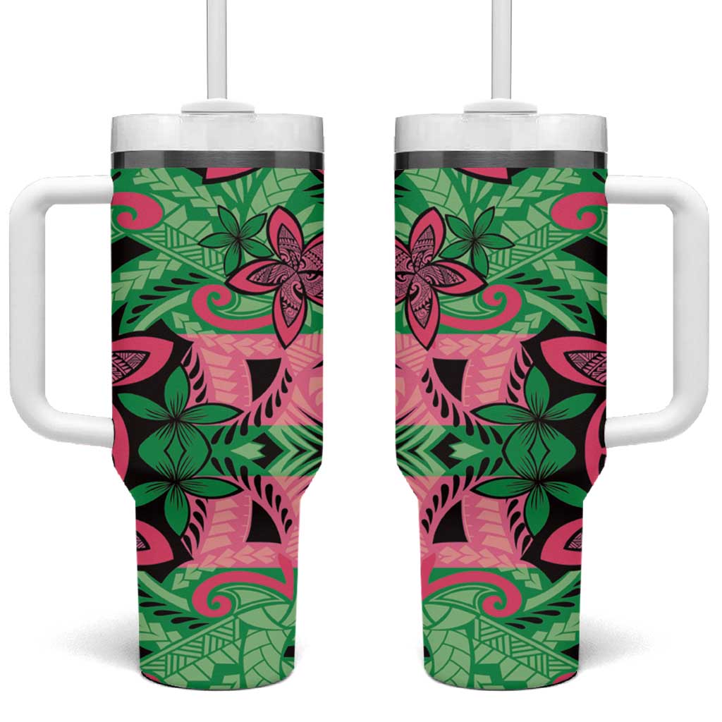 Plumeria Polynesian Pattern Tumbler With Handle Unique Fantasy Green Pink