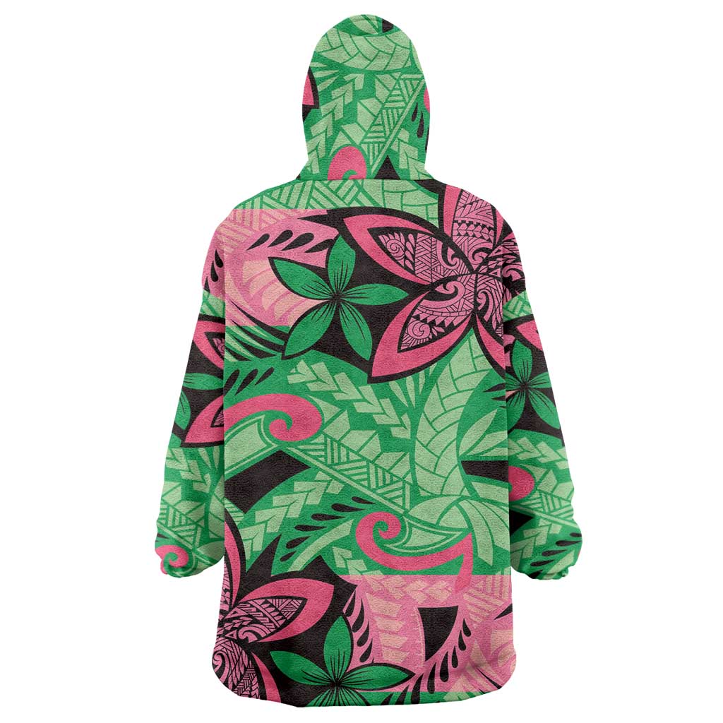 Plumeria Polynesian Pattern Wearable Blanket Hoodie Unique Fantasy Green Pink