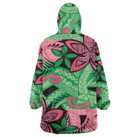 Plumeria Polynesian Pattern Wearable Blanket Hoodie Unique Fantasy Green Pink