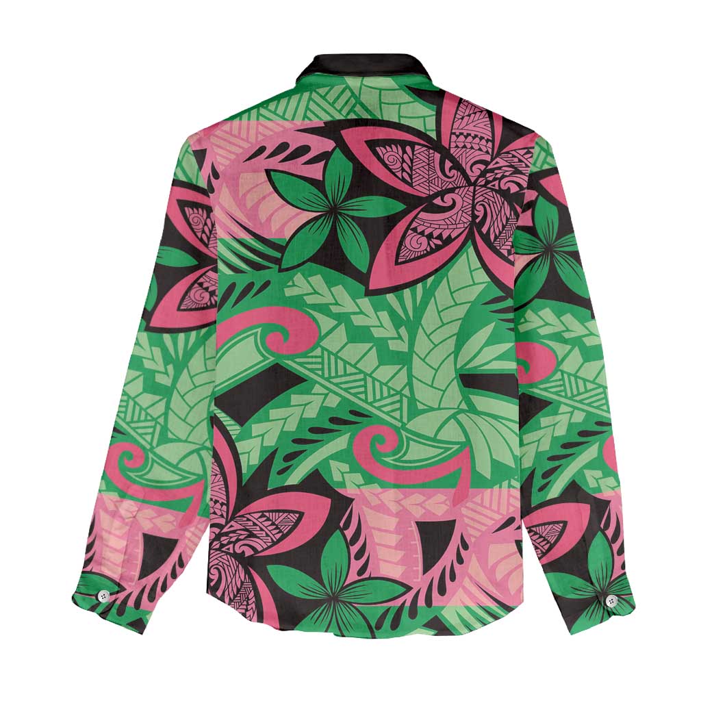 Plumeria Polynesian Pattern Women Casual Shirt Unique Fantasy Green Pink