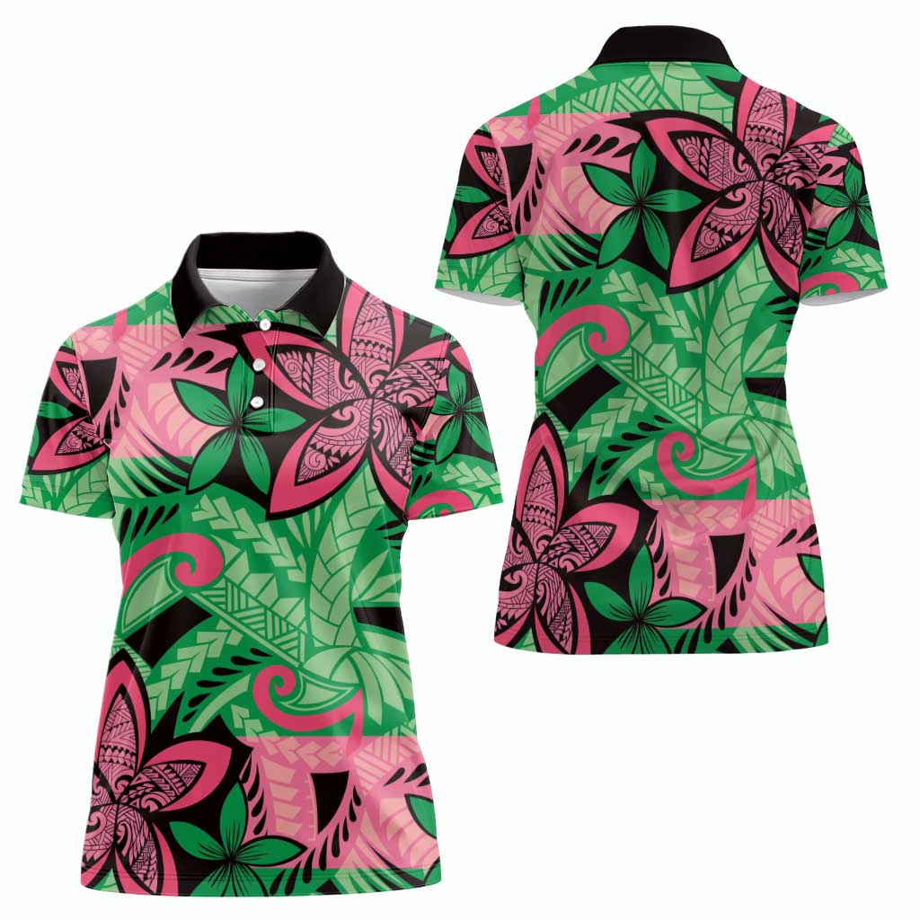 Plumeria Polynesian Pattern Women Polo Shirt Unique Fantasy Green Pink