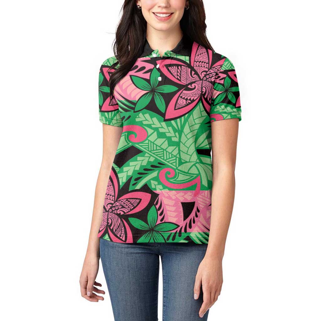 Plumeria Polynesian Pattern Women Polo Shirt Unique Fantasy Green Pink