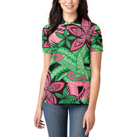 Plumeria Polynesian Pattern Women Polo Shirt Unique Fantasy Green Pink