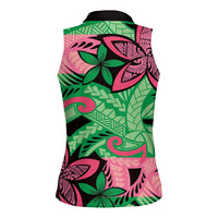 Plumeria Polynesian Pattern Women Sleeveless Polo Shirt Unique Fantasy Green Pink LT01 - Polynesian Pride