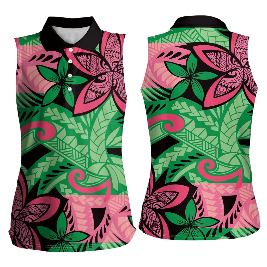 Plumeria Polynesian Pattern Women Sleeveless Polo Shirt Unique Fantasy Green Pink LT01 - Polynesian Pride