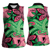 Plumeria Polynesian Pattern Women Sleeveless Polo Shirt Unique Fantasy Green Pink LT01 - Polynesian Pride