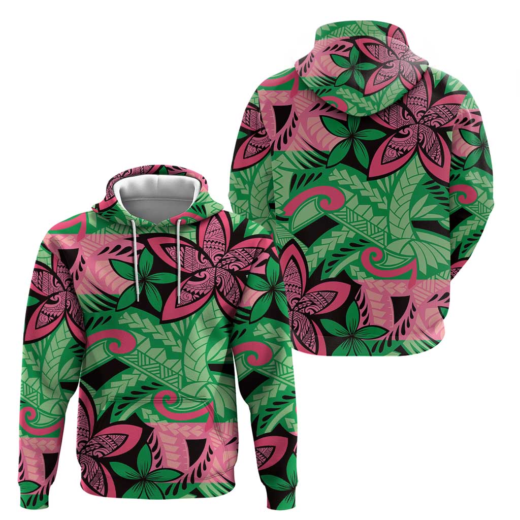 Plumeria Polynesian Pattern Zip Hoodie Unique Fantasy Green Pink