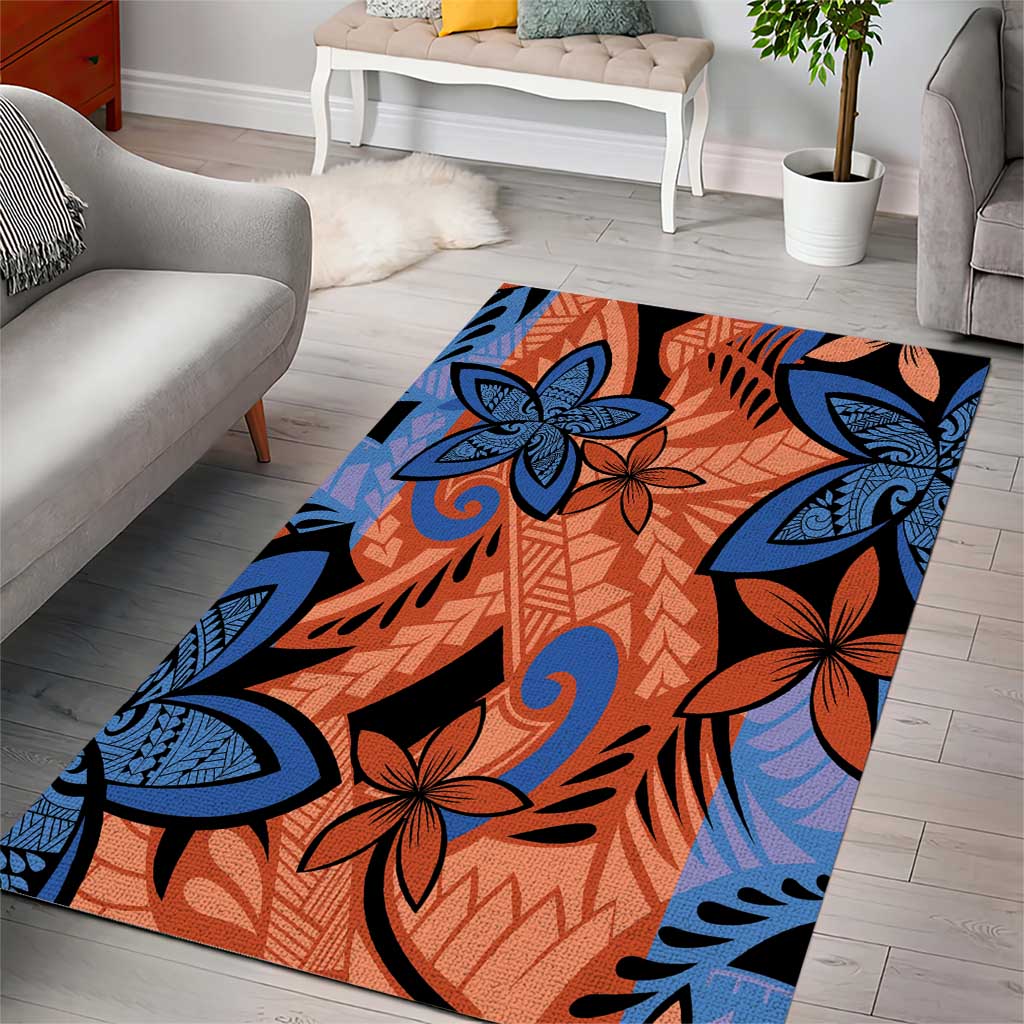 Plumeria Polynesian Pattern Area Rug Unique Fantasy Orange Blue
