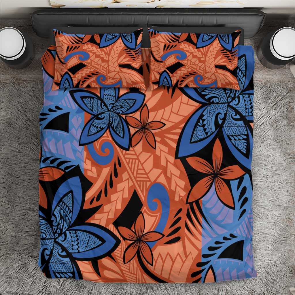 Plumeria Polynesian Pattern Bedding Set Unique Fantasy Orange Blue