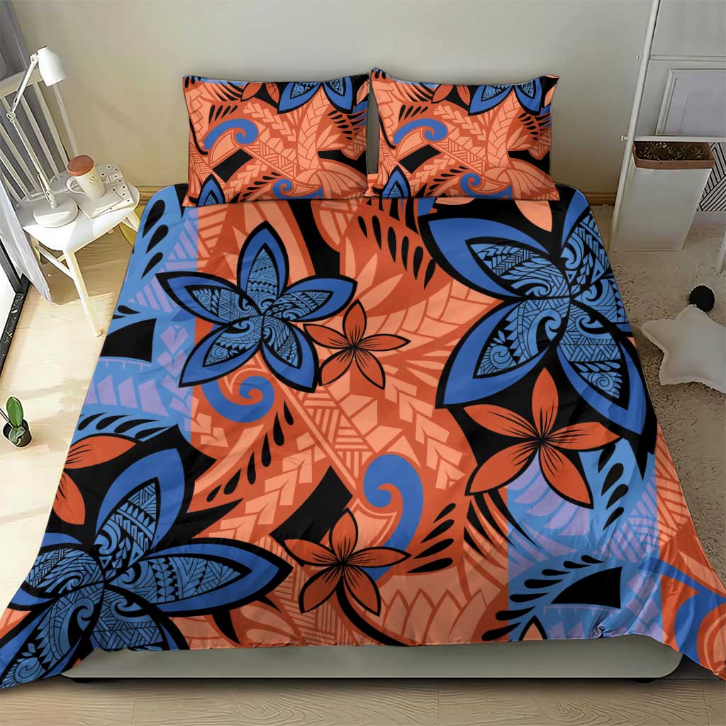 Plumeria Polynesian Pattern Bedding Set Unique Fantasy Orange Blue