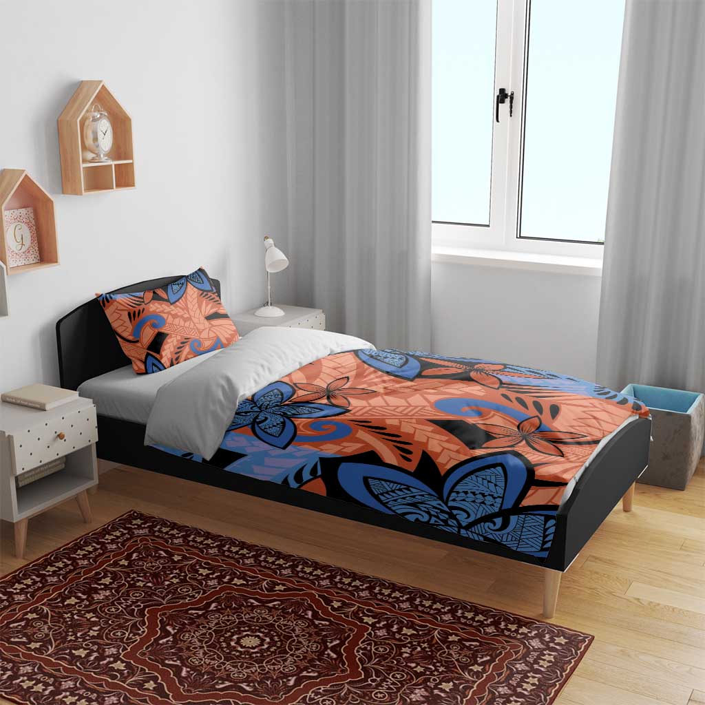 Plumeria Polynesian Pattern Bedding Set Unique Fantasy Orange Blue