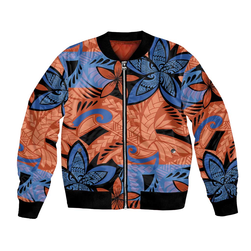 Plumeria Polynesian Pattern Bomber Jacket Unique Fantasy Orange Blue