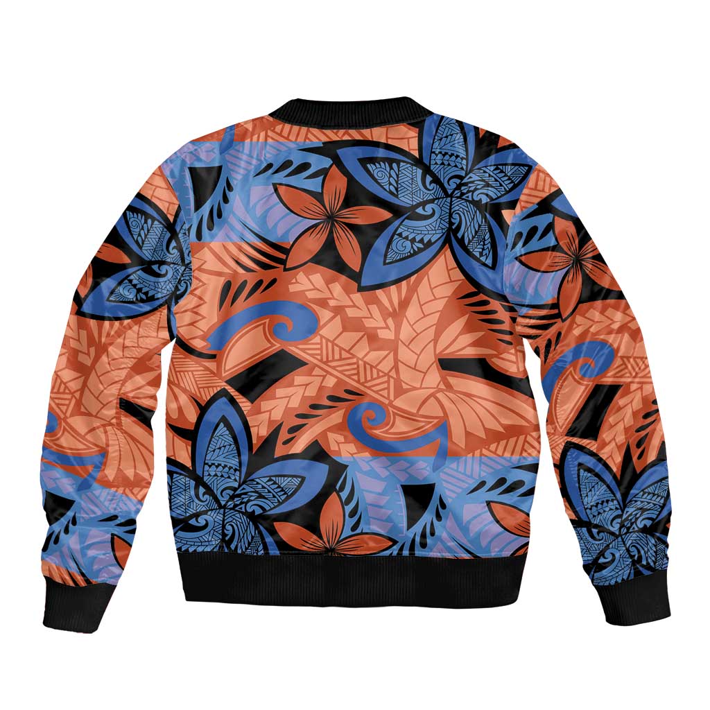 Plumeria Polynesian Pattern Bomber Jacket Unique Fantasy Orange Blue