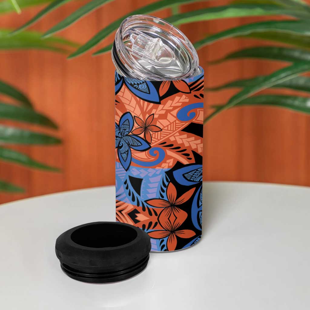 Plumeria Polynesian Pattern 4 in 1 Can Cooler Tumbler Unique Fantasy Orange Blue