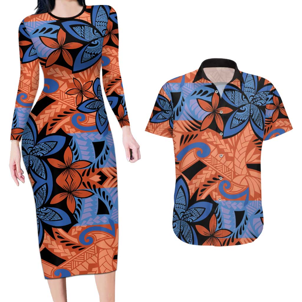 Plumeria Polynesian Pattern Couples Matching Long Sleeve Bodycon Dress and Hawaiian Shirt Unique Fantasy Orange Blue