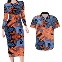 Plumeria Polynesian Pattern Couples Matching Long Sleeve Bodycon Dress and Hawaiian Shirt Unique Fantasy Orange Blue