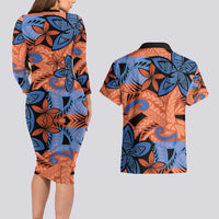 Plumeria Polynesian Pattern Couples Matching Long Sleeve Bodycon Dress and Hawaiian Shirt Unique Fantasy Orange Blue