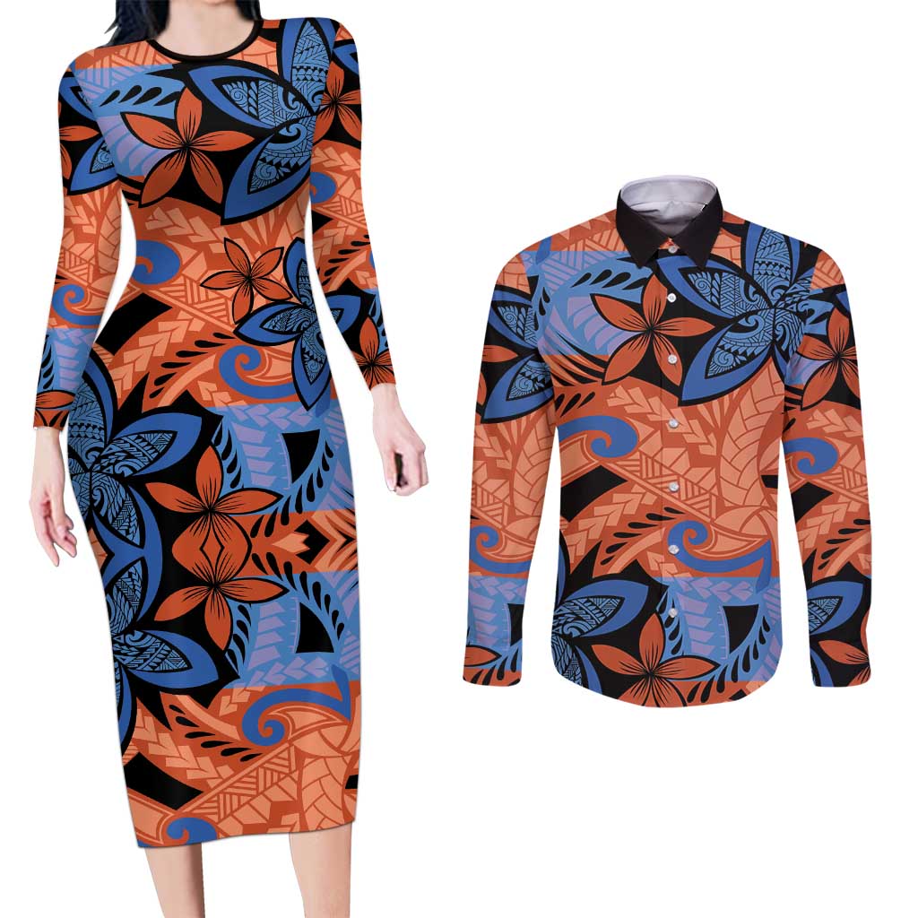 Plumeria Polynesian Pattern Couples Matching Long Sleeve Bodycon Dress and Long Sleeve Button Shirt Unique Fantasy Orange Blue
