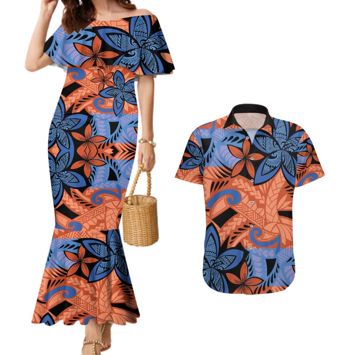 Plumeria Polynesian Pattern Couples Matching Mermaid Dress and Hawaiian Shirt Unique Fantasy Orange Blue
