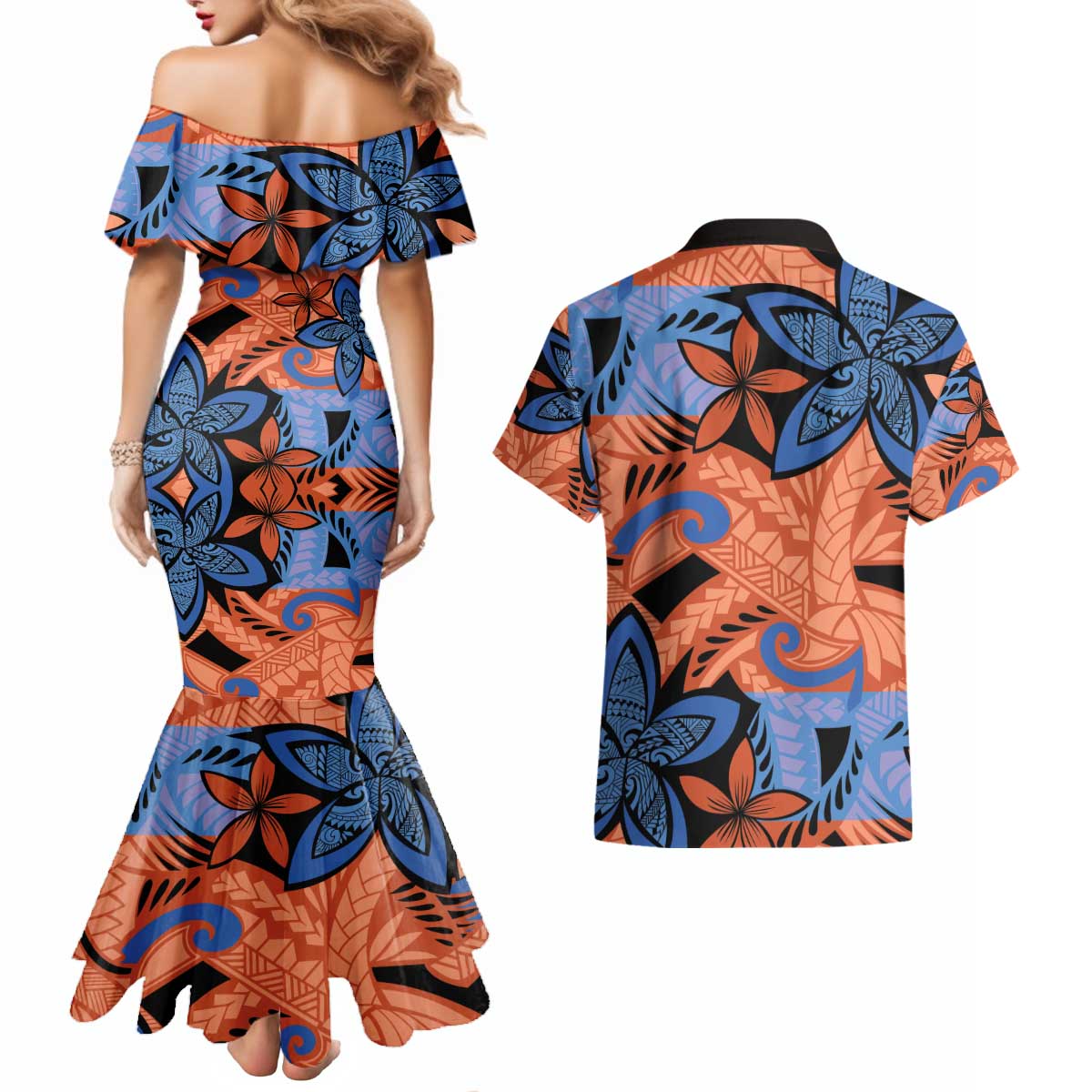 Plumeria Polynesian Pattern Couples Matching Mermaid Dress and Hawaiian Shirt Unique Fantasy Orange Blue