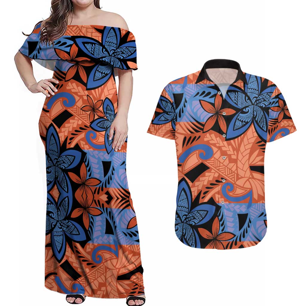 Plumeria Polynesian Pattern Couples Matching Off Shoulder Maxi Dress and Hawaiian Shirt Unique Fantasy Orange Blue