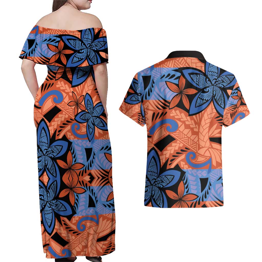 Plumeria Polynesian Pattern Couples Matching Off Shoulder Maxi Dress and Hawaiian Shirt Unique Fantasy Orange Blue