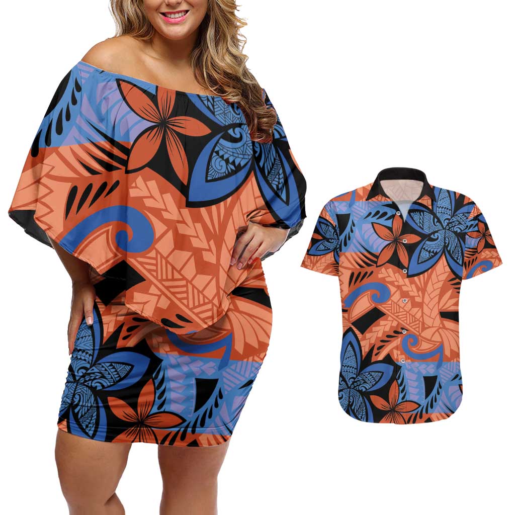 Plumeria Polynesian Pattern Couples Matching Off Shoulder Short Dress and Hawaiian Shirt Unique Fantasy Orange Blue