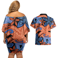 Plumeria Polynesian Pattern Couples Matching Off Shoulder Short Dress and Hawaiian Shirt Unique Fantasy Orange Blue