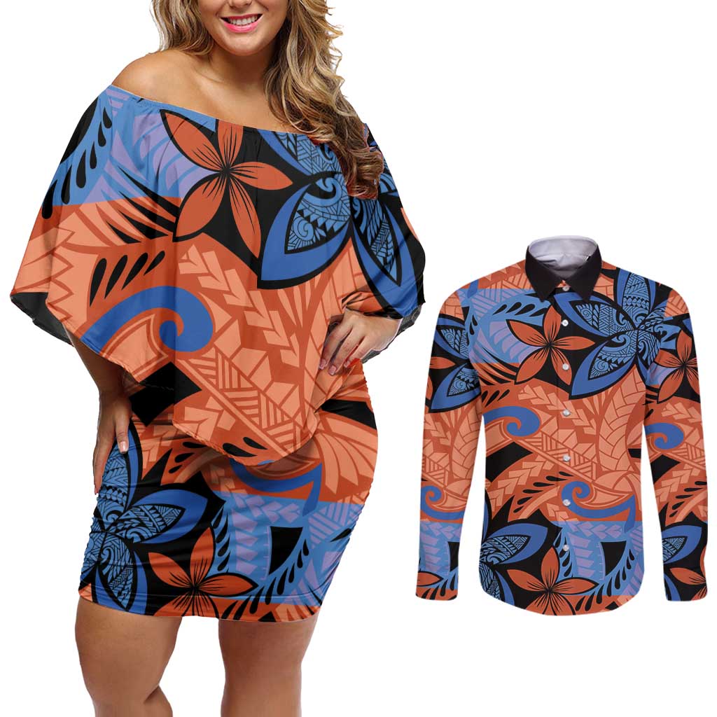 Plumeria Polynesian Pattern Couples Matching Off Shoulder Short Dress and Long Sleeve Button Shirt Unique Fantasy Orange Blue