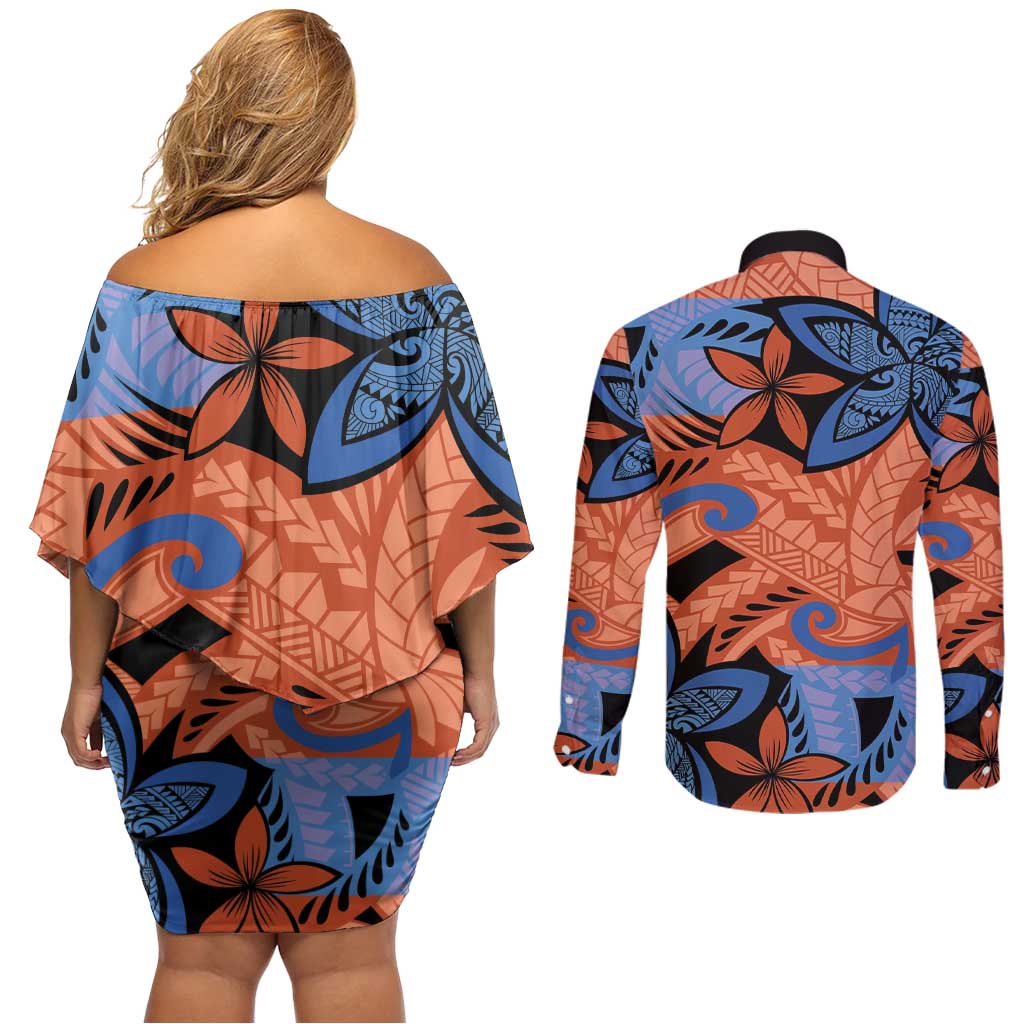 Plumeria Polynesian Pattern Couples Matching Off Shoulder Short Dress and Long Sleeve Button Shirt Unique Fantasy Orange Blue