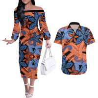 Plumeria Polynesian Pattern Couples Matching Off The Shoulder Long Sleeve Dress and Hawaiian Shirt Unique Fantasy Orange Blue