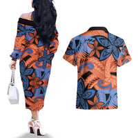 Plumeria Polynesian Pattern Couples Matching Off The Shoulder Long Sleeve Dress and Hawaiian Shirt Unique Fantasy Orange Blue