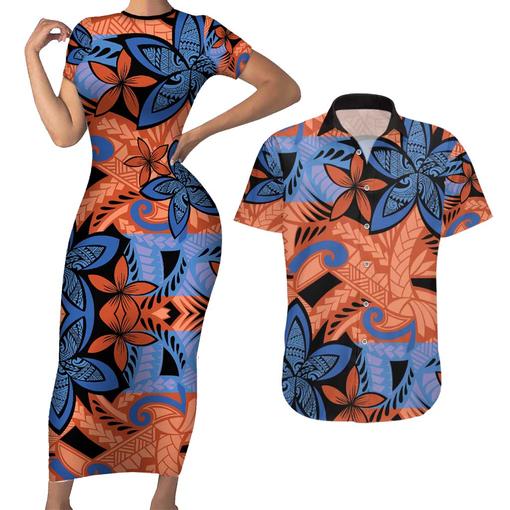 Plumeria Polynesian Pattern Couples Matching Short Sleeve Bodycon Dress and Hawaiian Shirt Unique Fantasy Orange Blue