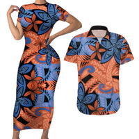 Plumeria Polynesian Pattern Couples Matching Short Sleeve Bodycon Dress and Hawaiian Shirt Unique Fantasy Orange Blue