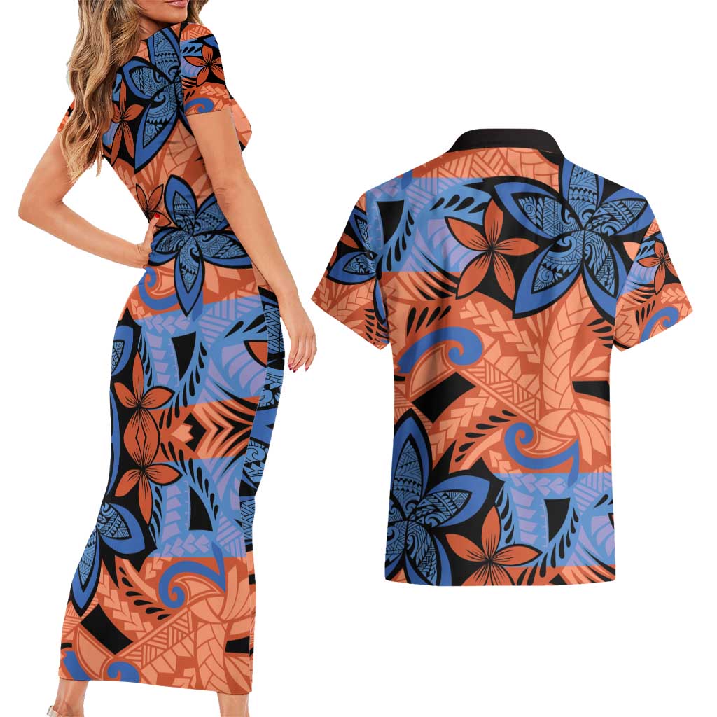 Plumeria Polynesian Pattern Couples Matching Short Sleeve Bodycon Dress and Hawaiian Shirt Unique Fantasy Orange Blue