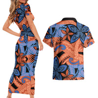 Plumeria Polynesian Pattern Couples Matching Short Sleeve Bodycon Dress and Hawaiian Shirt Unique Fantasy Orange Blue