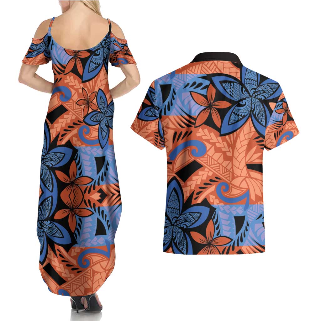 Plumeria Polynesian Pattern Couples Matching Summer Maxi Dress and Hawaiian Shirt Unique Fantasy Orange Blue