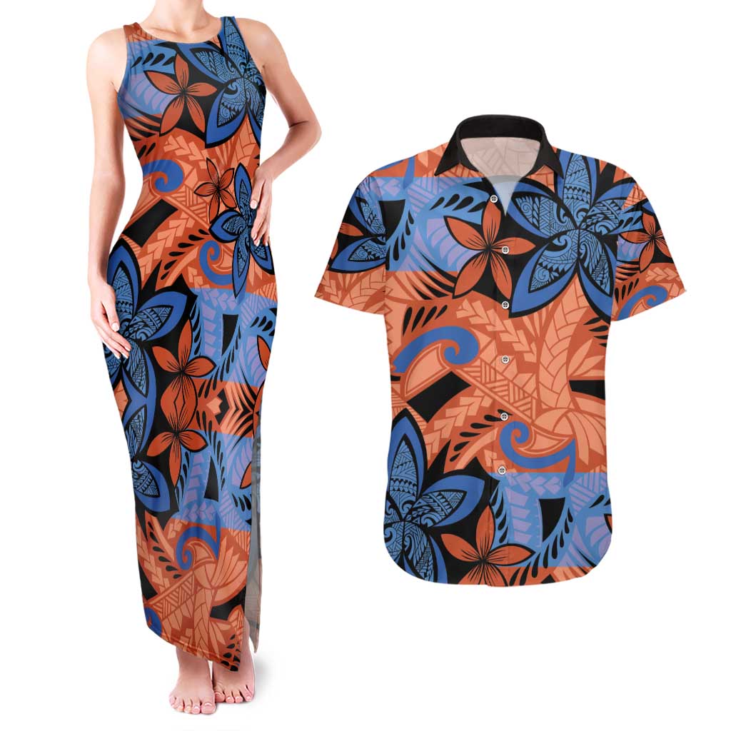 Plumeria Polynesian Pattern Couples Matching Tank Maxi Dress and Hawaiian Shirt Unique Fantasy Orange Blue