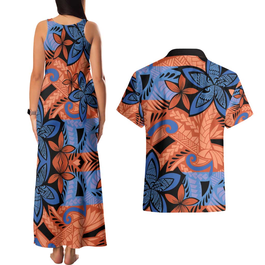 Plumeria Polynesian Pattern Couples Matching Tank Maxi Dress and Hawaiian Shirt Unique Fantasy Orange Blue