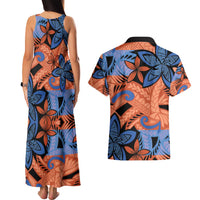 Plumeria Polynesian Pattern Couples Matching Tank Maxi Dress and Hawaiian Shirt Unique Fantasy Orange Blue