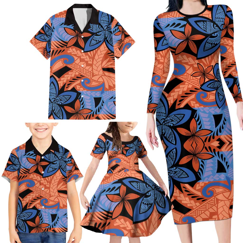 Plumeria Polynesian Pattern Family Matching Long Sleeve Bodycon Dress and Hawaiian Shirt Unique Fantasy Orange Blue