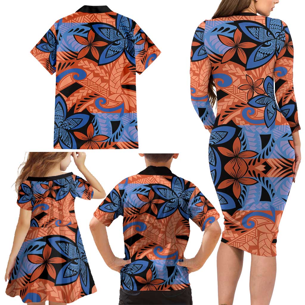 Plumeria Polynesian Pattern Family Matching Long Sleeve Bodycon Dress and Hawaiian Shirt Unique Fantasy Orange Blue