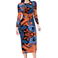 Plumeria Polynesian Pattern Family Matching Long Sleeve Bodycon Dress and Hawaiian Shirt Unique Fantasy Orange Blue