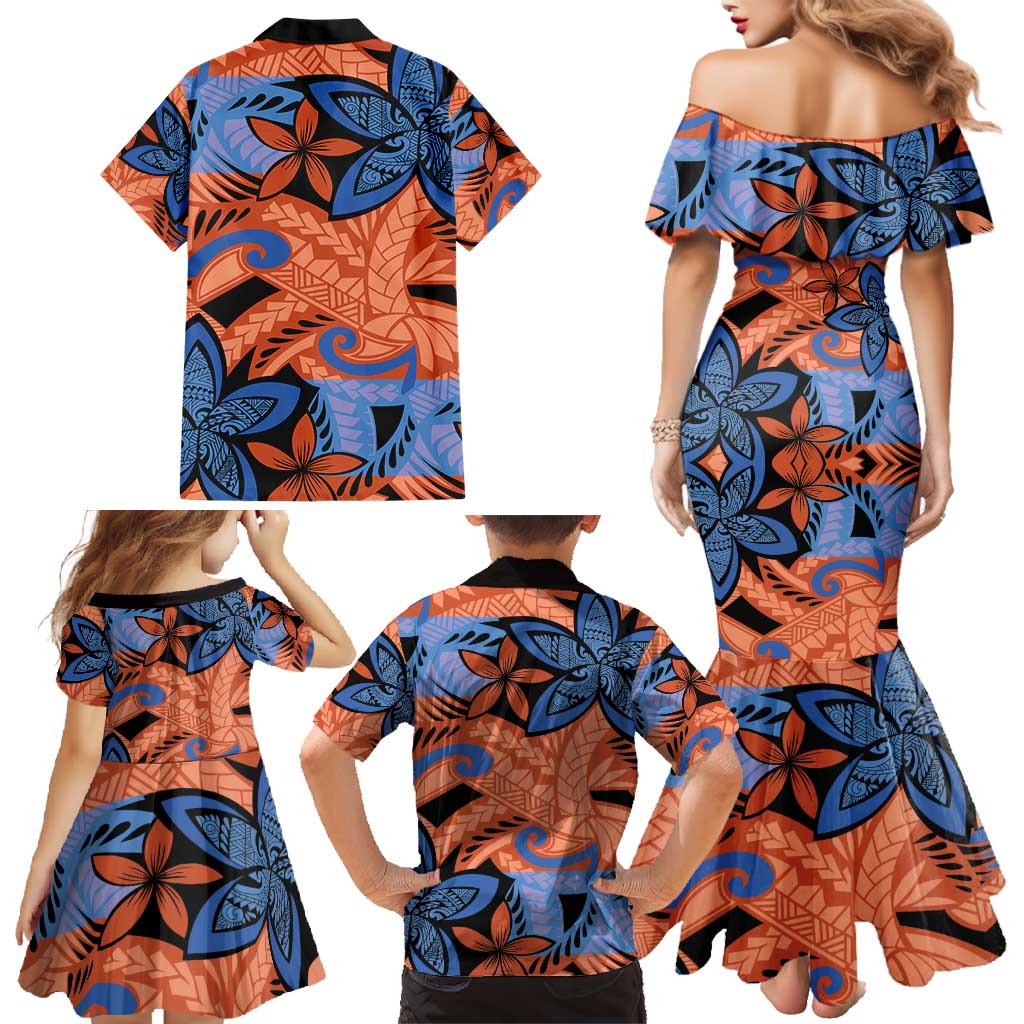 Plumeria Polynesian Pattern Family Matching Mermaid Dress and Hawaiian Shirt Unique Fantasy Orange Blue