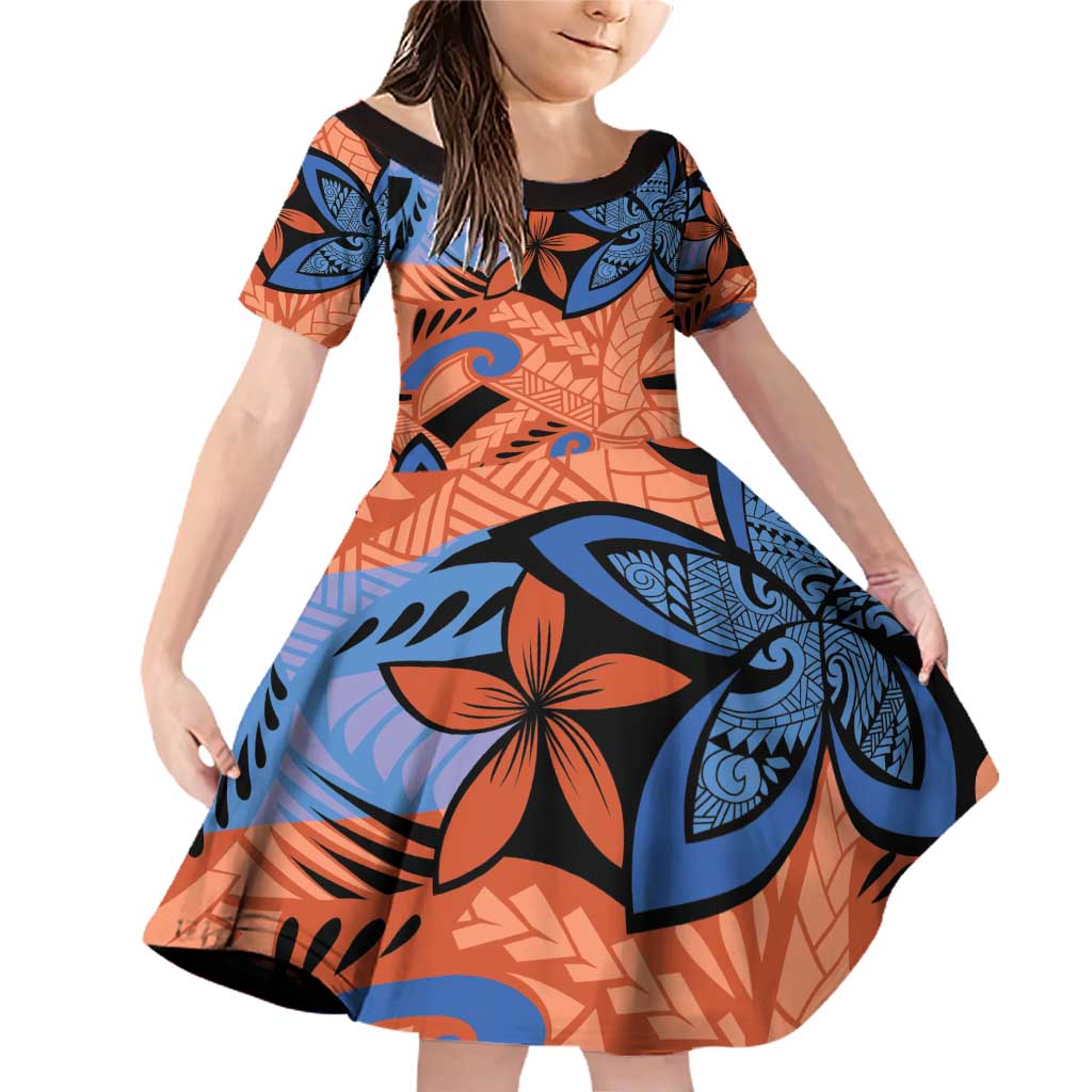 Plumeria Polynesian Pattern Family Matching Off Shoulder Short Dress and Hawaiian Shirt Unique Fantasy Orange Blue