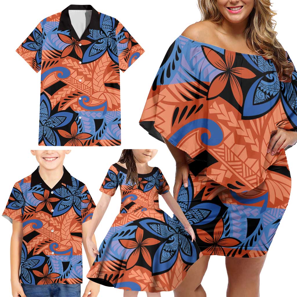 Plumeria Polynesian Pattern Family Matching Off Shoulder Short Dress and Hawaiian Shirt Unique Fantasy Orange Blue