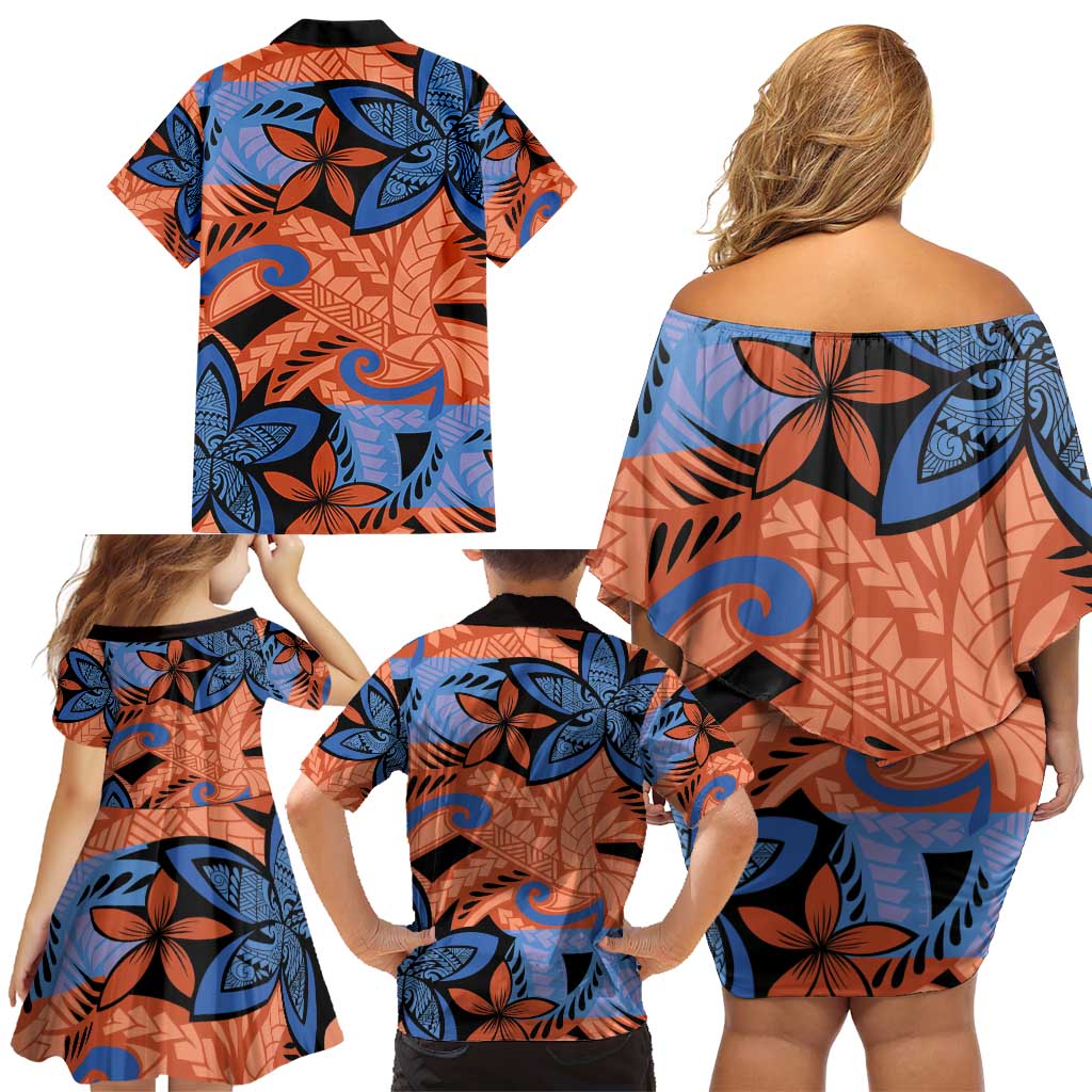 Plumeria Polynesian Pattern Family Matching Off Shoulder Short Dress and Hawaiian Shirt Unique Fantasy Orange Blue