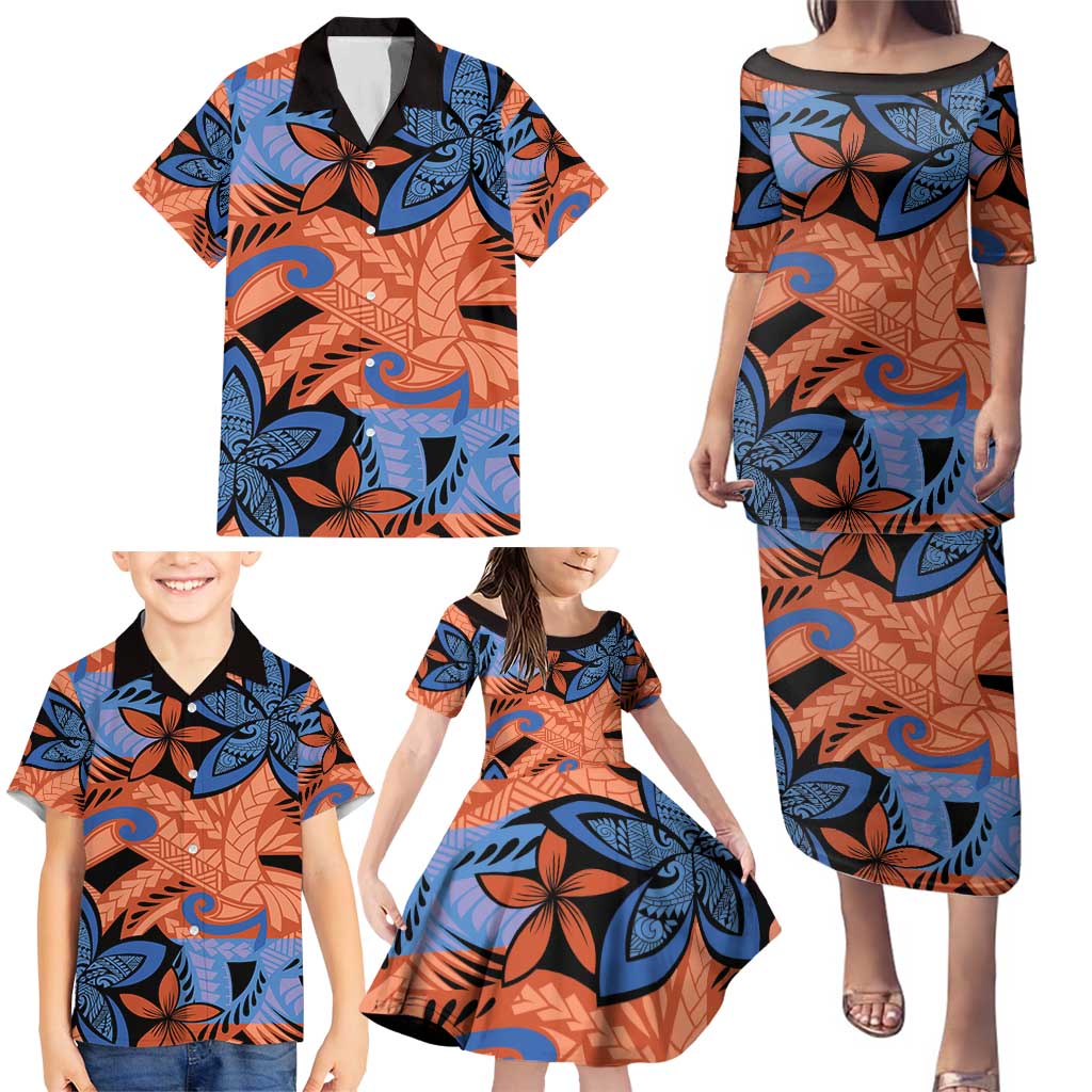 Plumeria Polynesian Pattern Family Matching Puletasi and Hawaiian Shirt Unique Fantasy Orange Blue